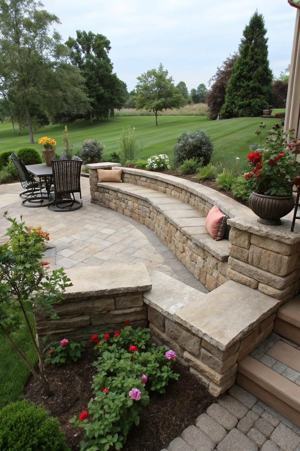 Built-in seating turns retaining walls into relaxing spots.