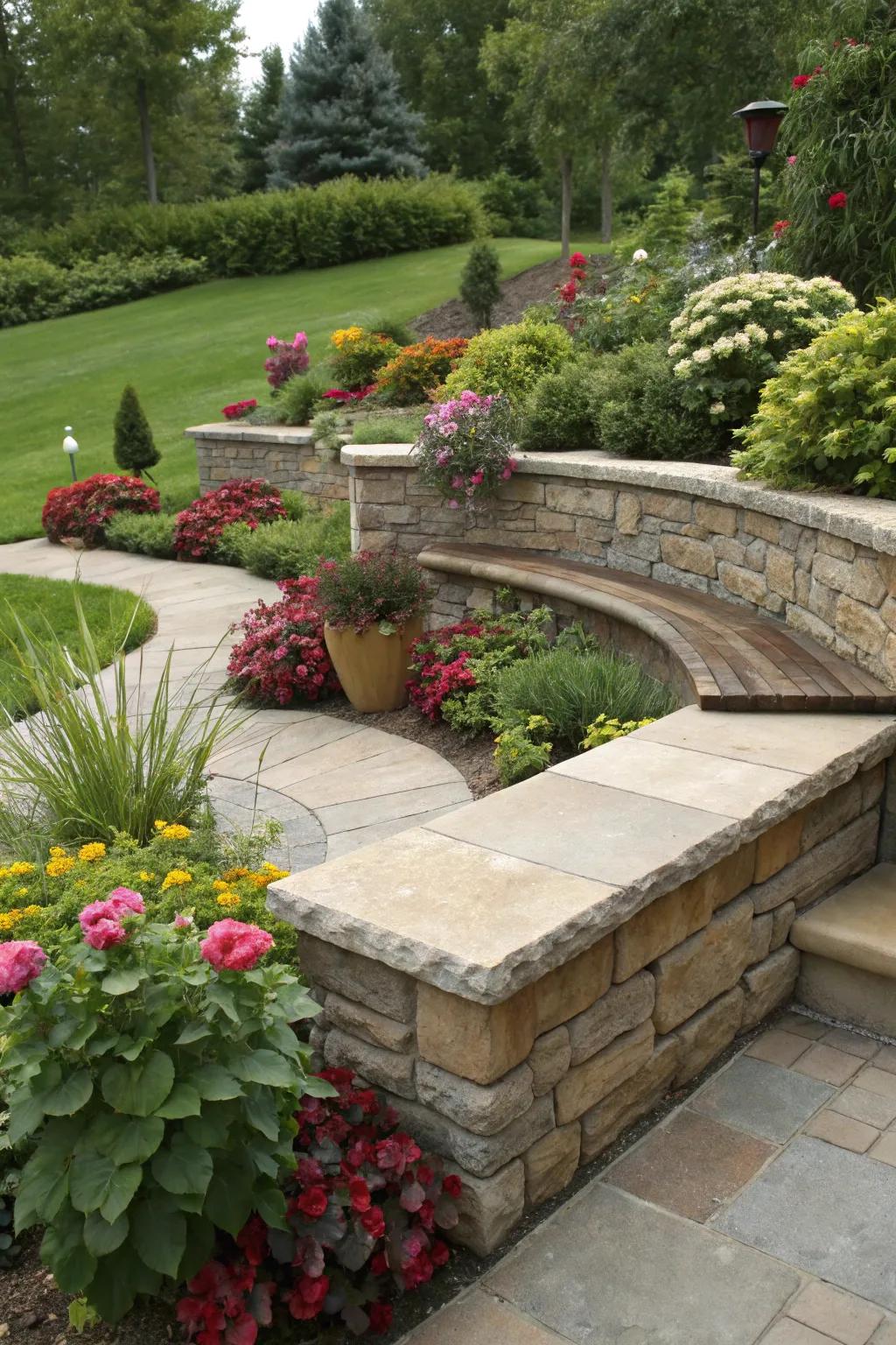 Integrated seating transforms retaining walls into cozy relaxation spots.