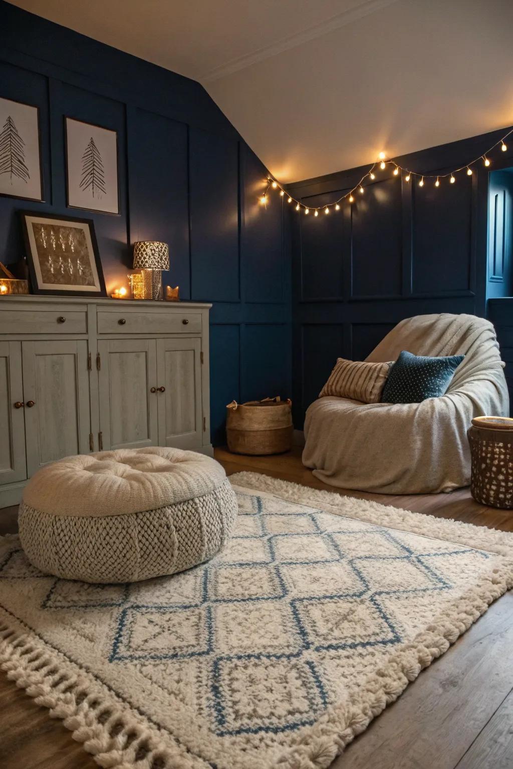 Soft rugs enhance the comfort and cohesiveness of a navy blue bedroom.