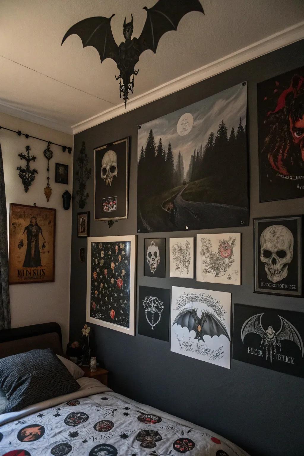 Gothic artwork adds a personal and artistic touch to the bedroom.