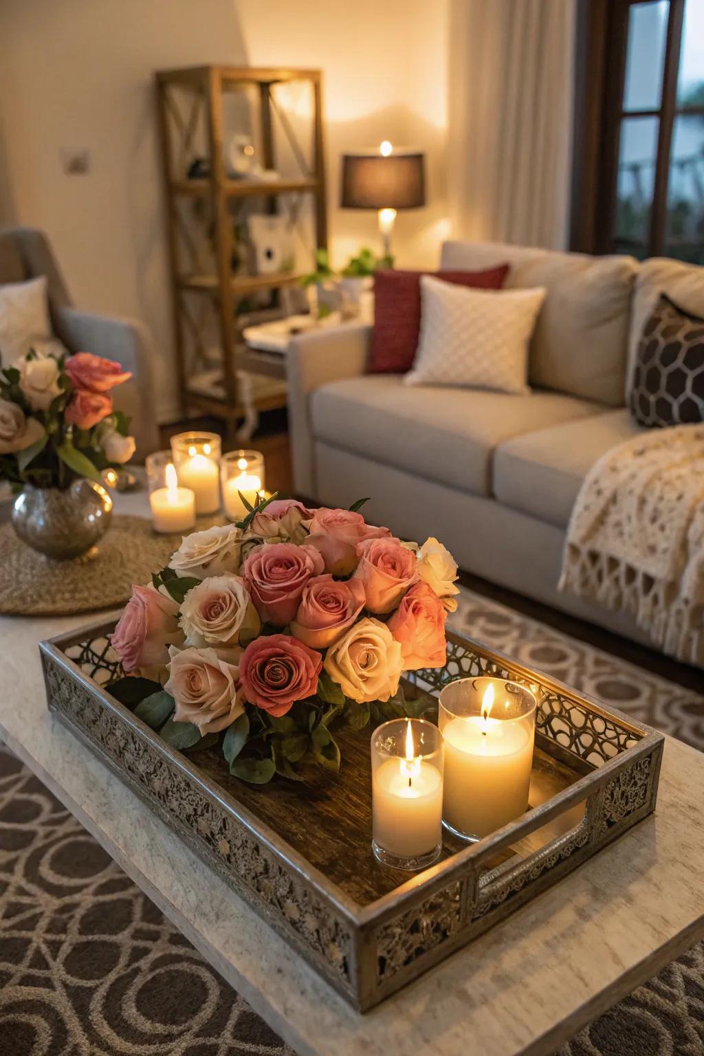 Elegant and cozy rose tray display with candles.