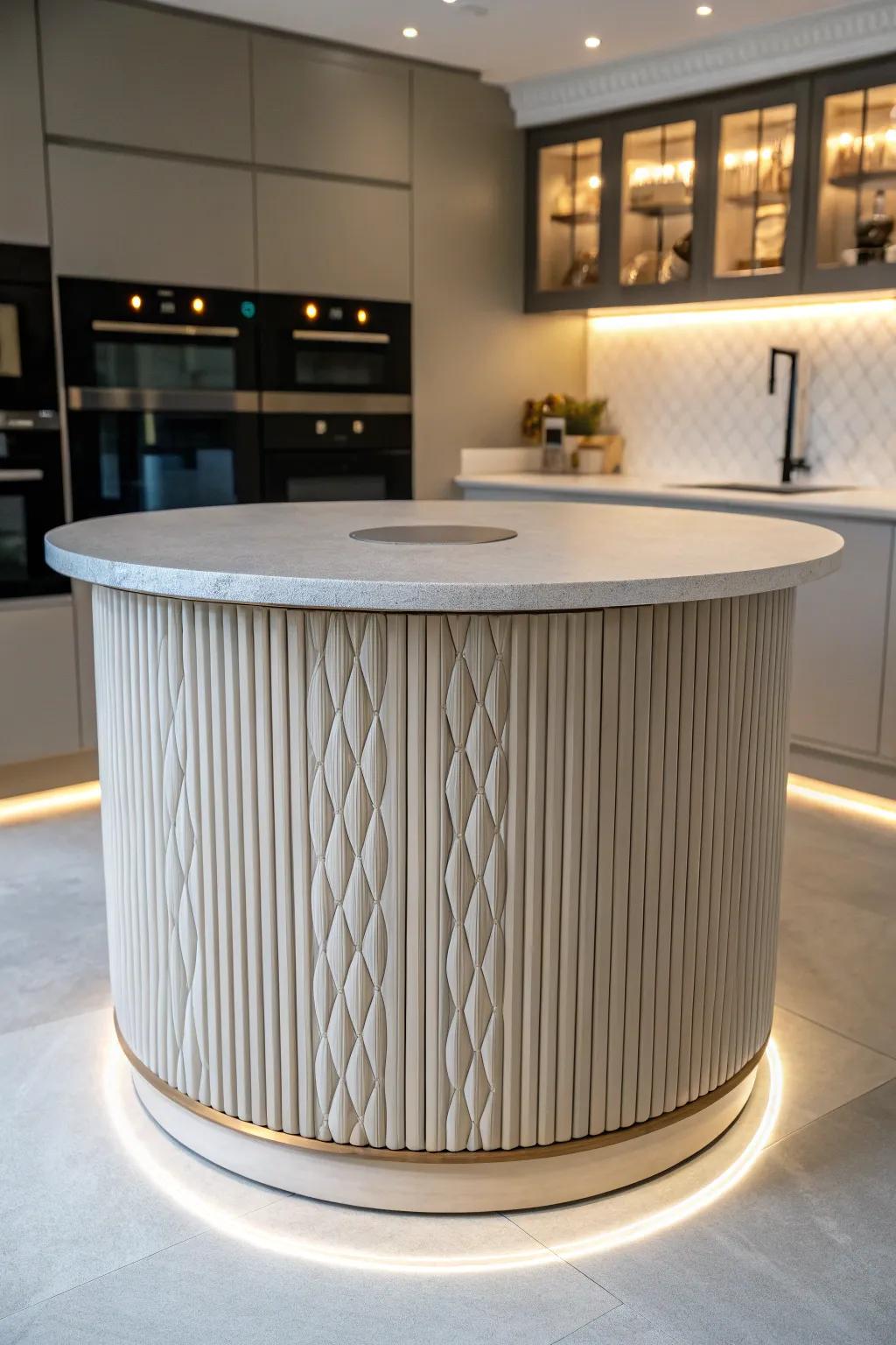 Fluted designs bring texture and elegance to a round kitchen island.