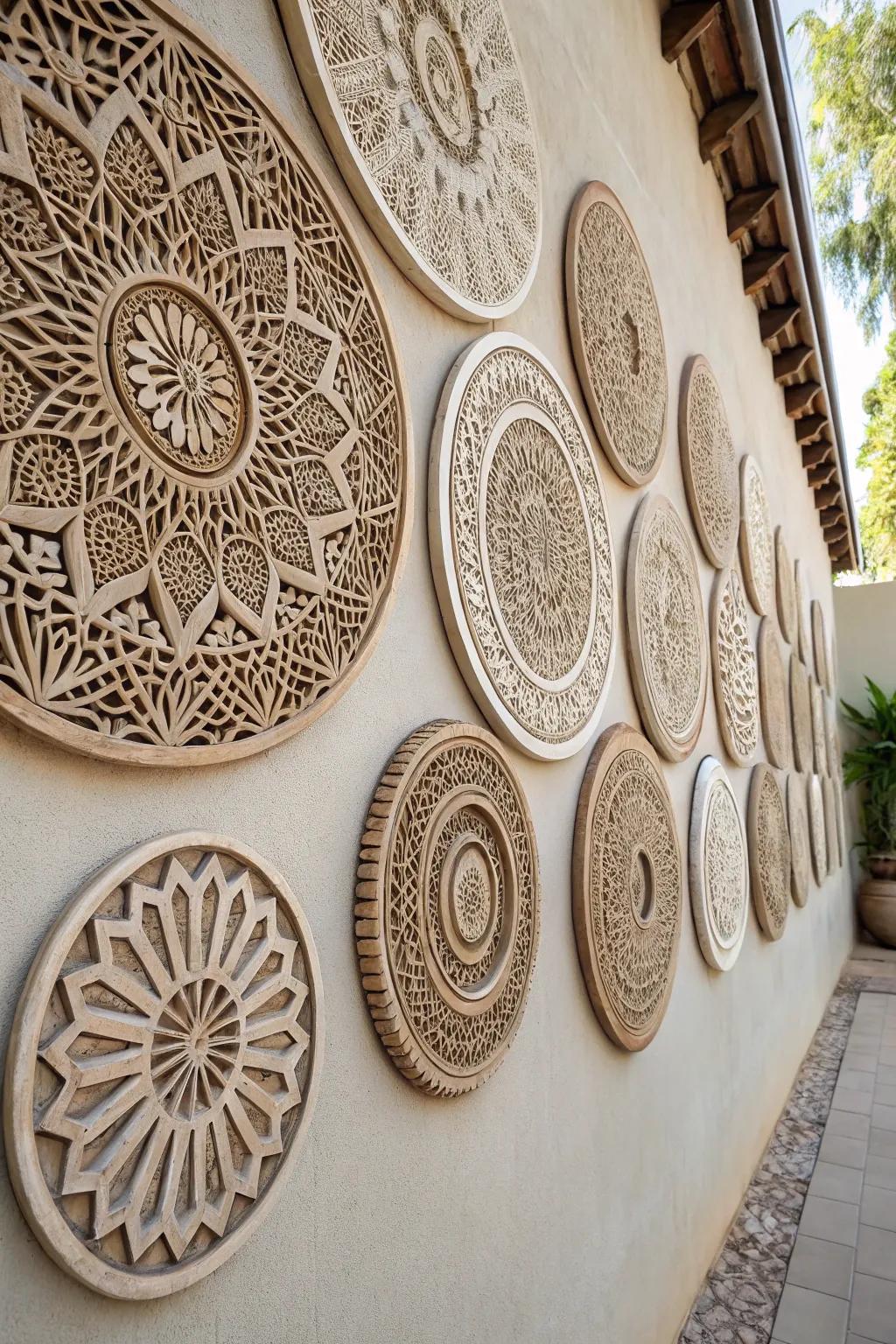 Wall with round decor featuring artistic geometric patterns.