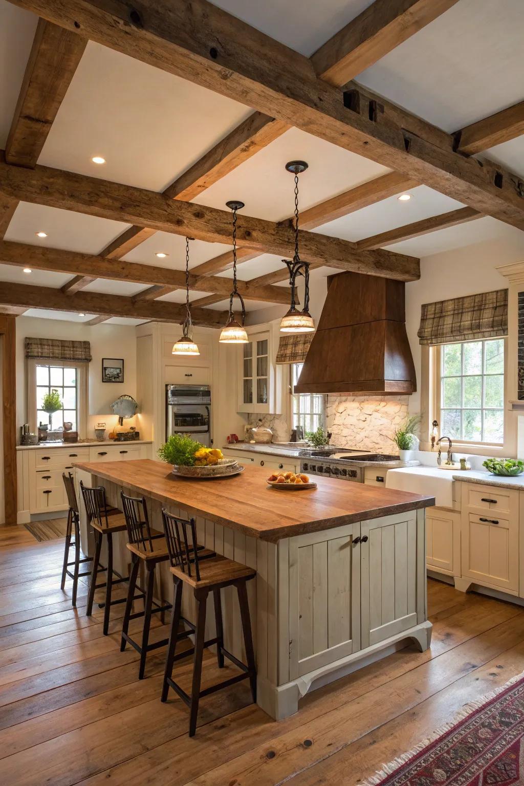 A farmhouse kitchen featuring an island and exposed architectural ceiling beams.