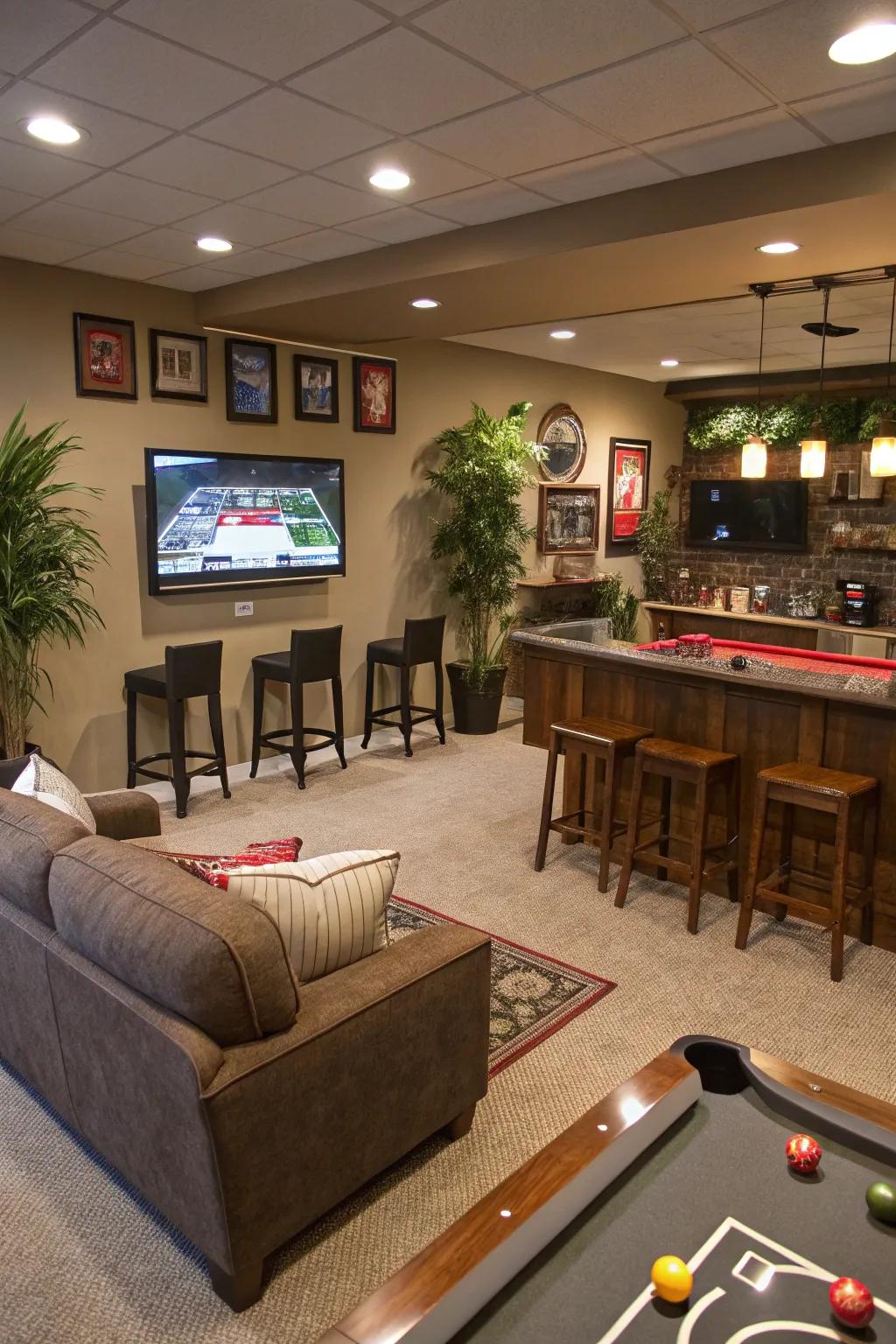 An open layout creates a spacious and functional man cave.