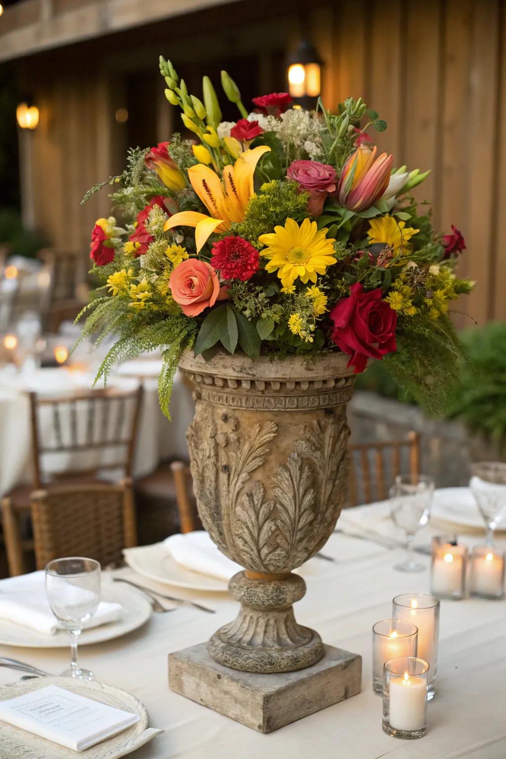 Rustic urns make bold and beautiful centerpieces.