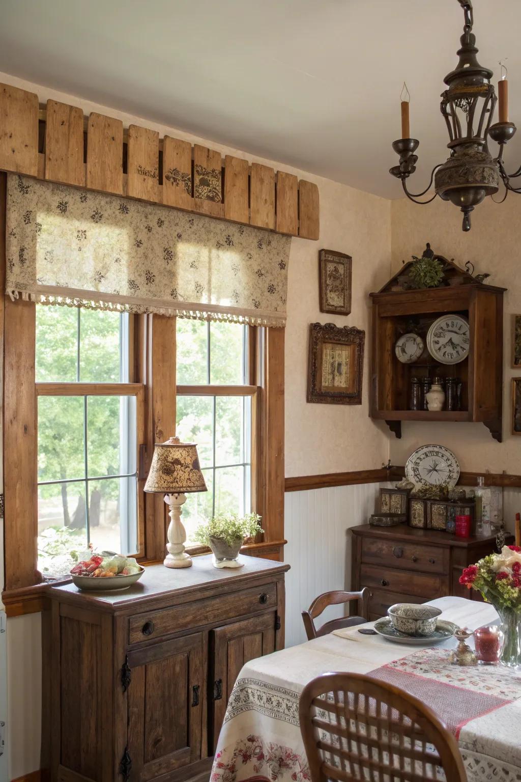 A rustic dining room with a valance crafted from pallet wood, showcasing a creative upcycling project.