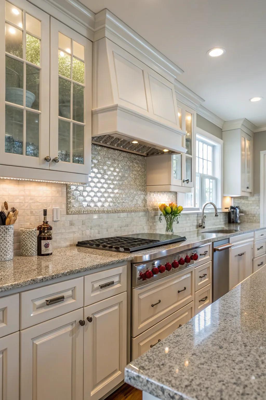 Glass tiles add elegance and depth to Santa Cecilia granite.