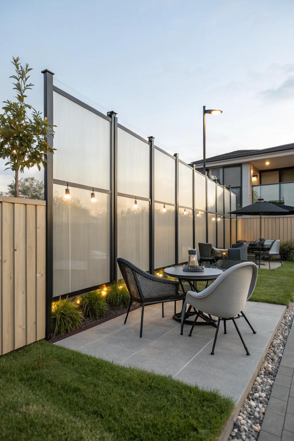 Plexiglass panels add a sleek, contemporary touch to this stylish outdoor space.