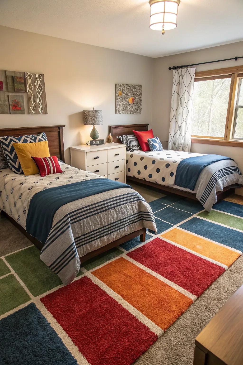 Rugs effectively divide this shared room into personal areas.