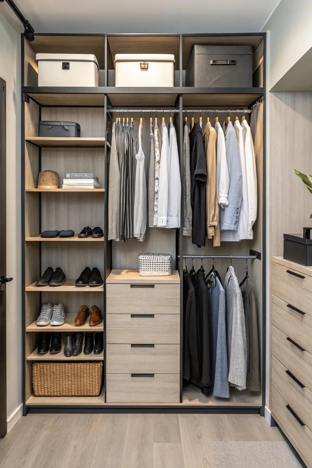 A closet featuring modular, customizable components for personalized storage.