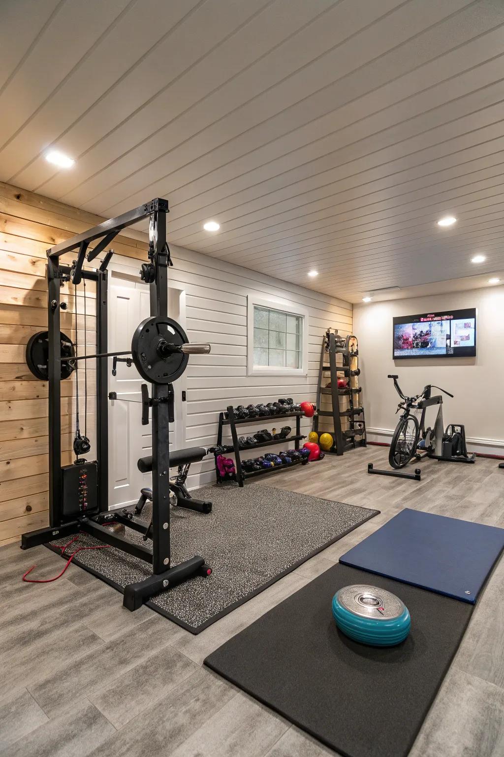 A stylish home gym in the basement with shiplap walls.