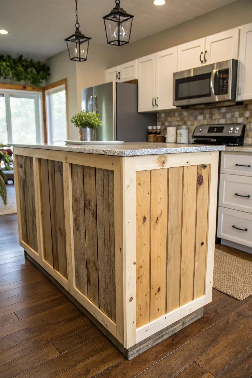 A creative repurposing of furniture into a shiplap island.