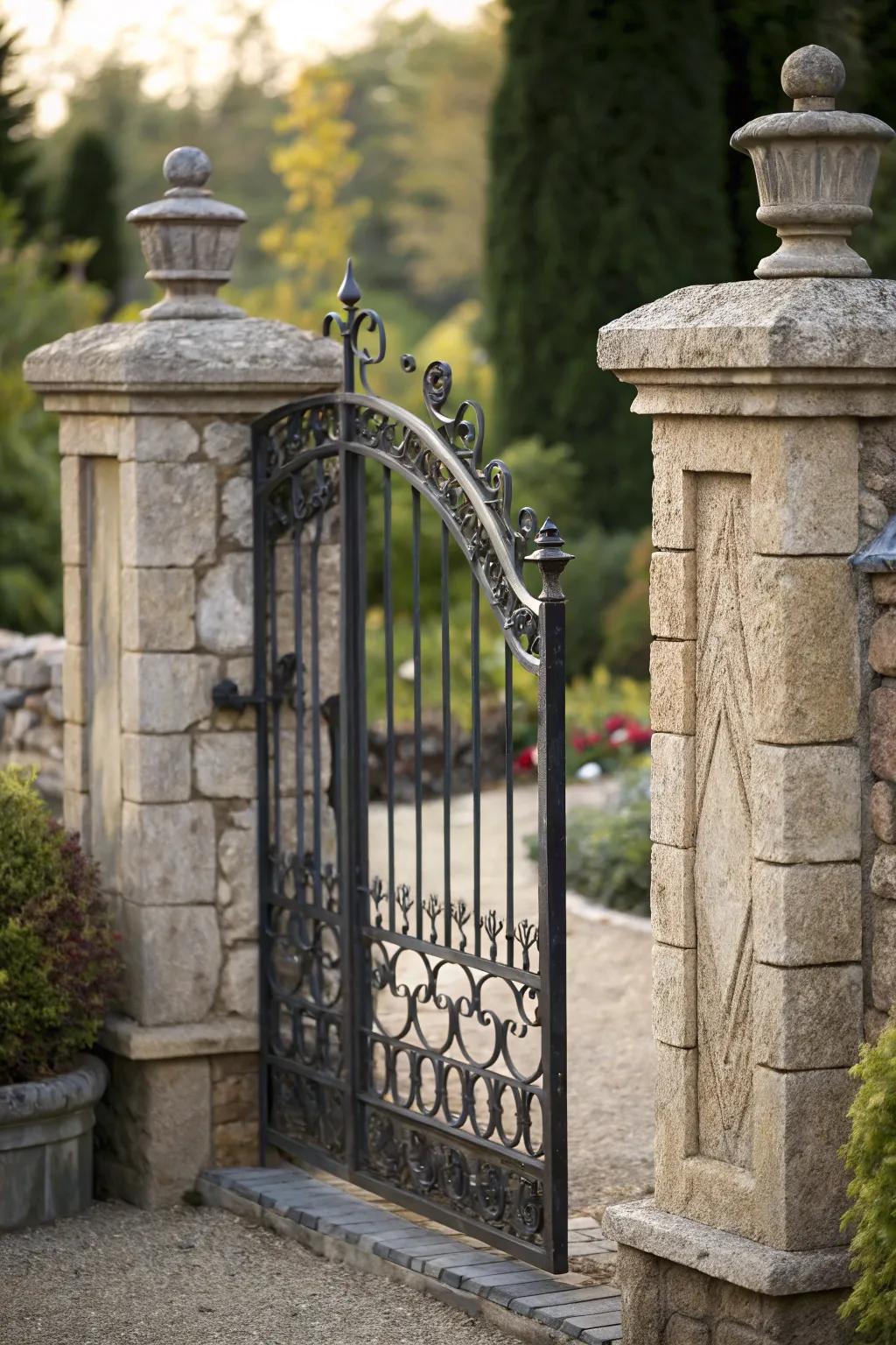 A stone and iron gate that combines strength with style.