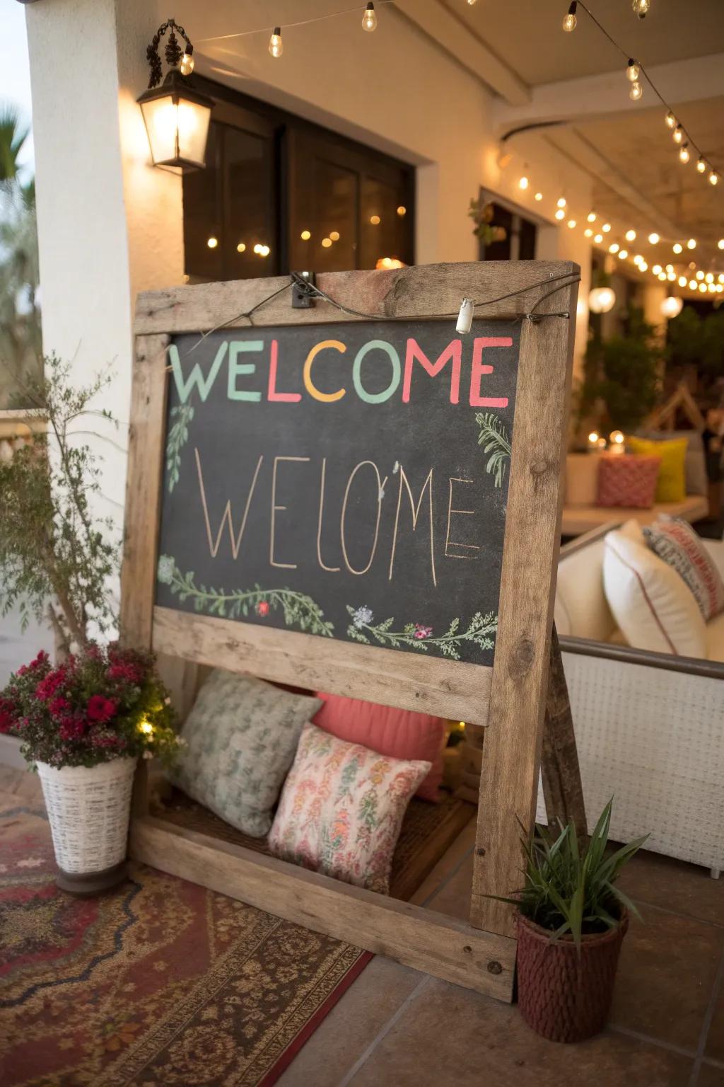 A chalkboard sign with a personalized message for a warm welcome.