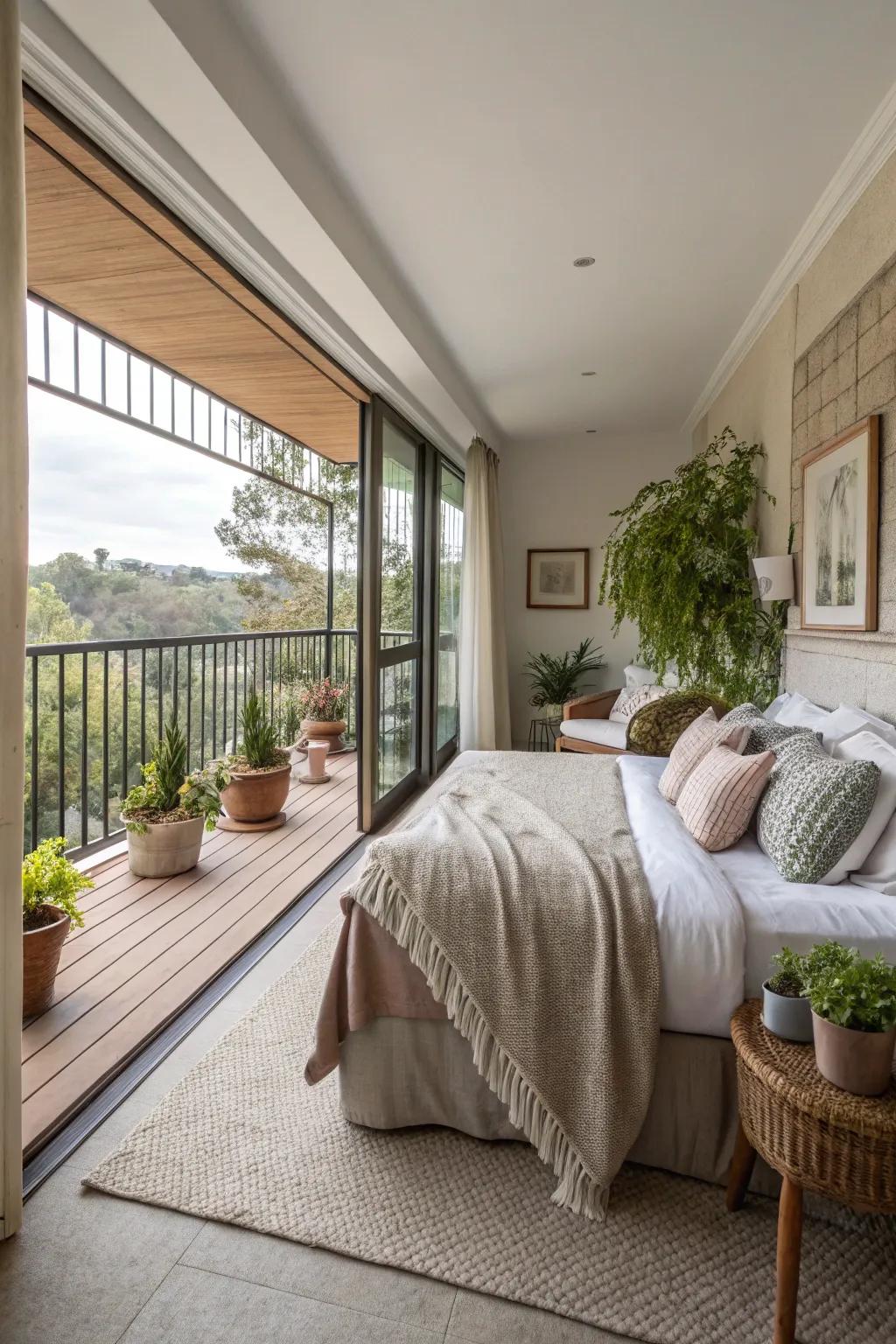 Harmonious visual flow from bedroom to balcony.