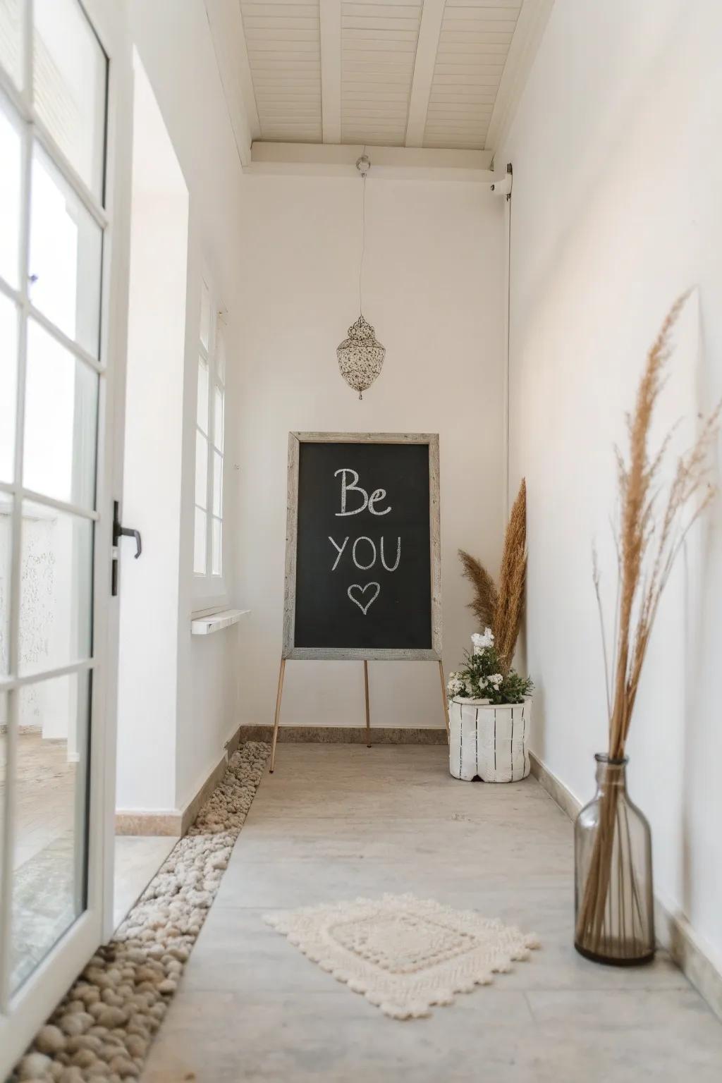 Minimalist room with a chalkboard quote 'Be you'.