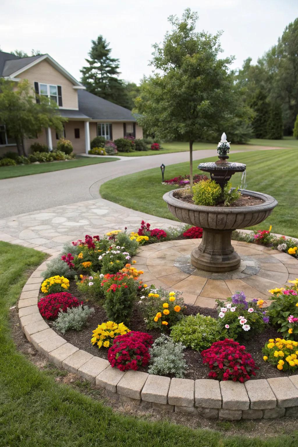 A circular bed with a focal point captivates attention.