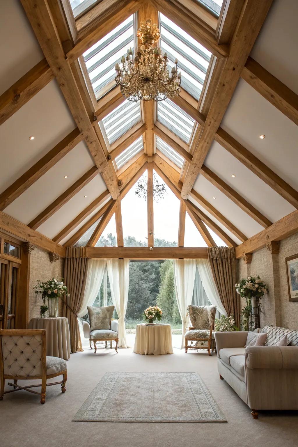 A room with a vaulted ceiling seamlessly incorporating a skylight.