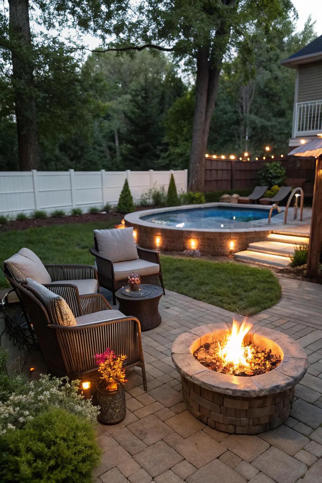 A welcoming fire pit bringing warmth and social potential to an above-ground pool area.