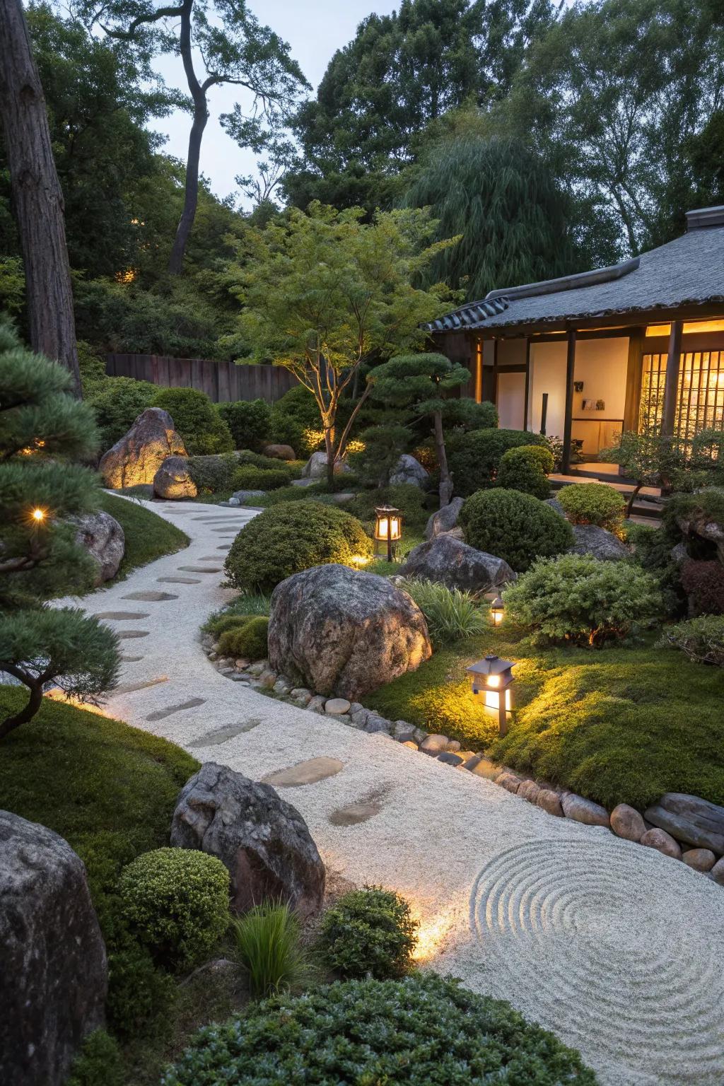 A zen garden illuminated by soft solar lighting, highlighting plants and pathways.