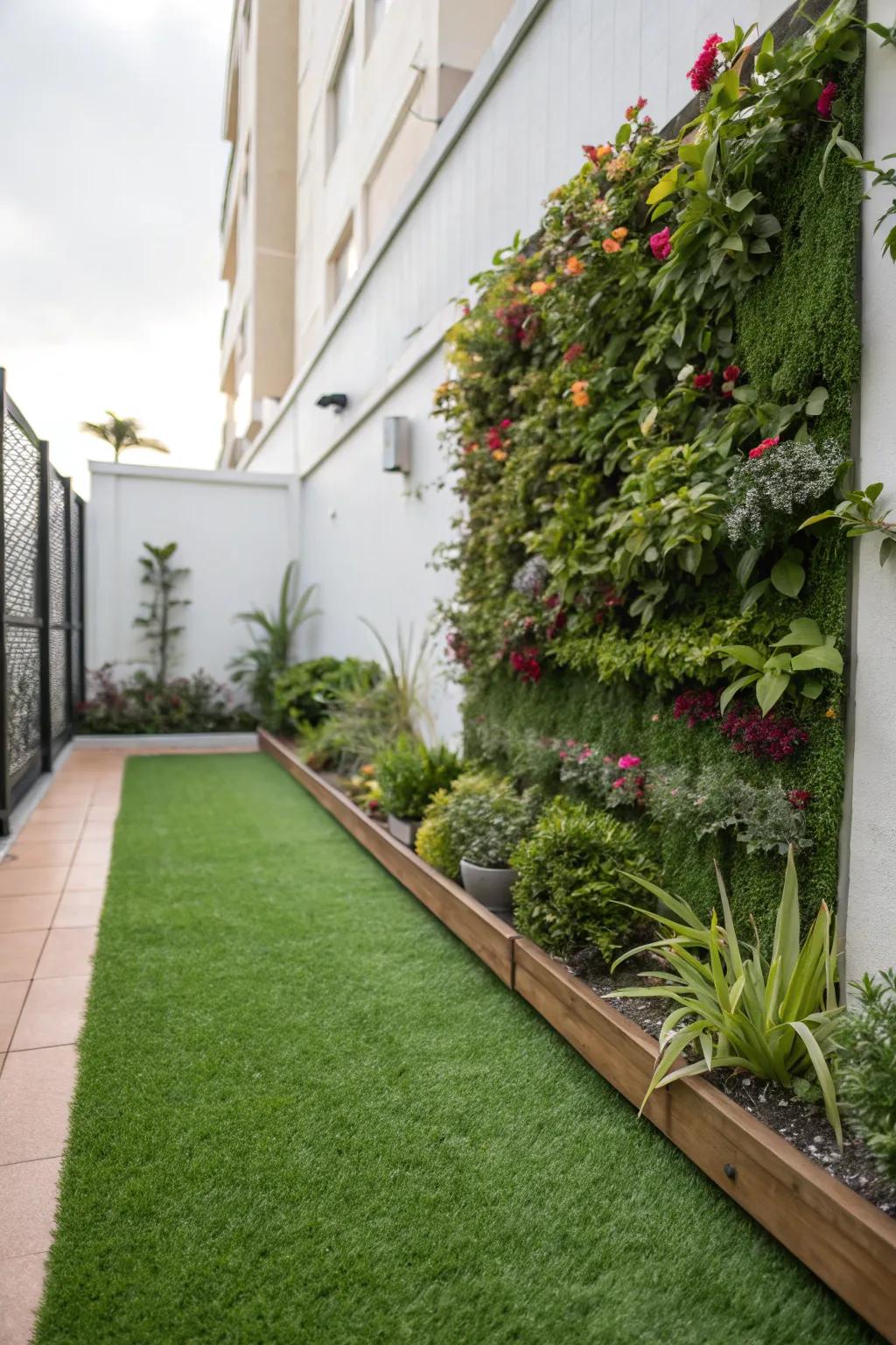 A vibrant vertical garden wall complementing artificial grass.