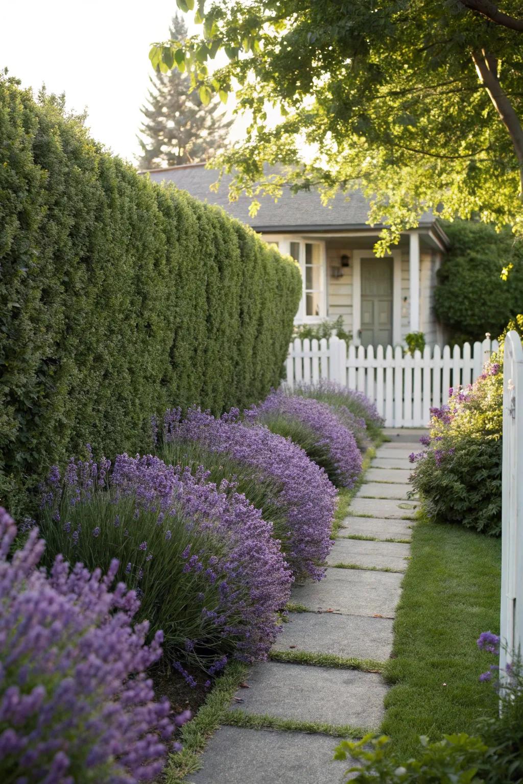 Lavender hedges offer privacy and a pop of vibrant color.