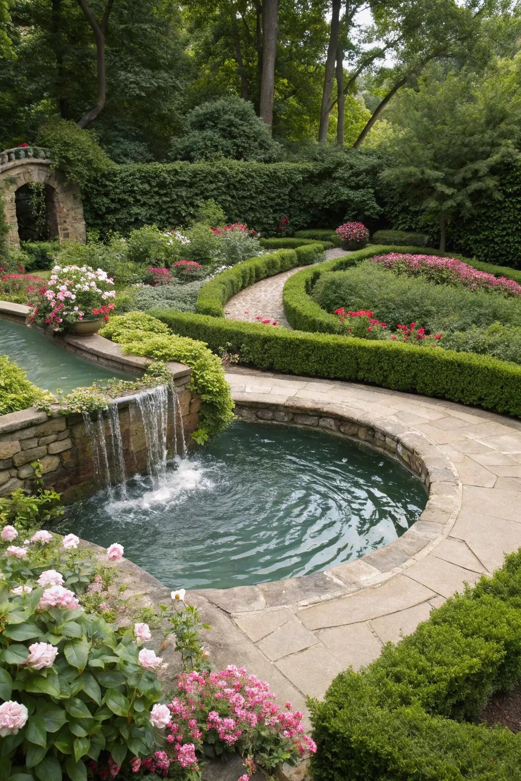 A decorative waterfall feature adds tranquility and elegance to the pool area.