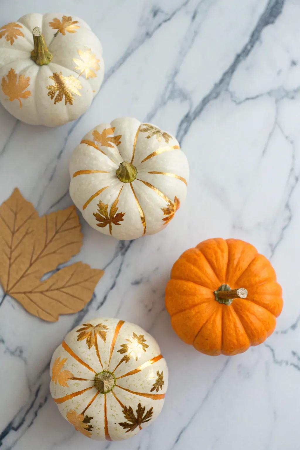 Gold leaf pumpkins bring a touch of luxury and elegance to any setting.