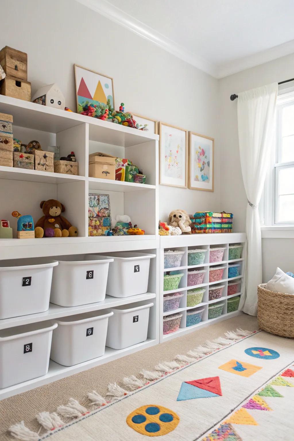 Stackable bins for space-saving toy storage.