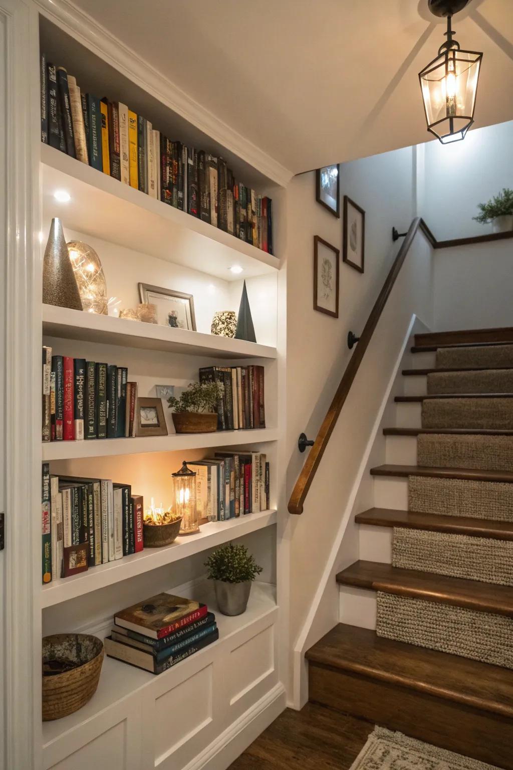 Floating shelves maximize display space without clutter.