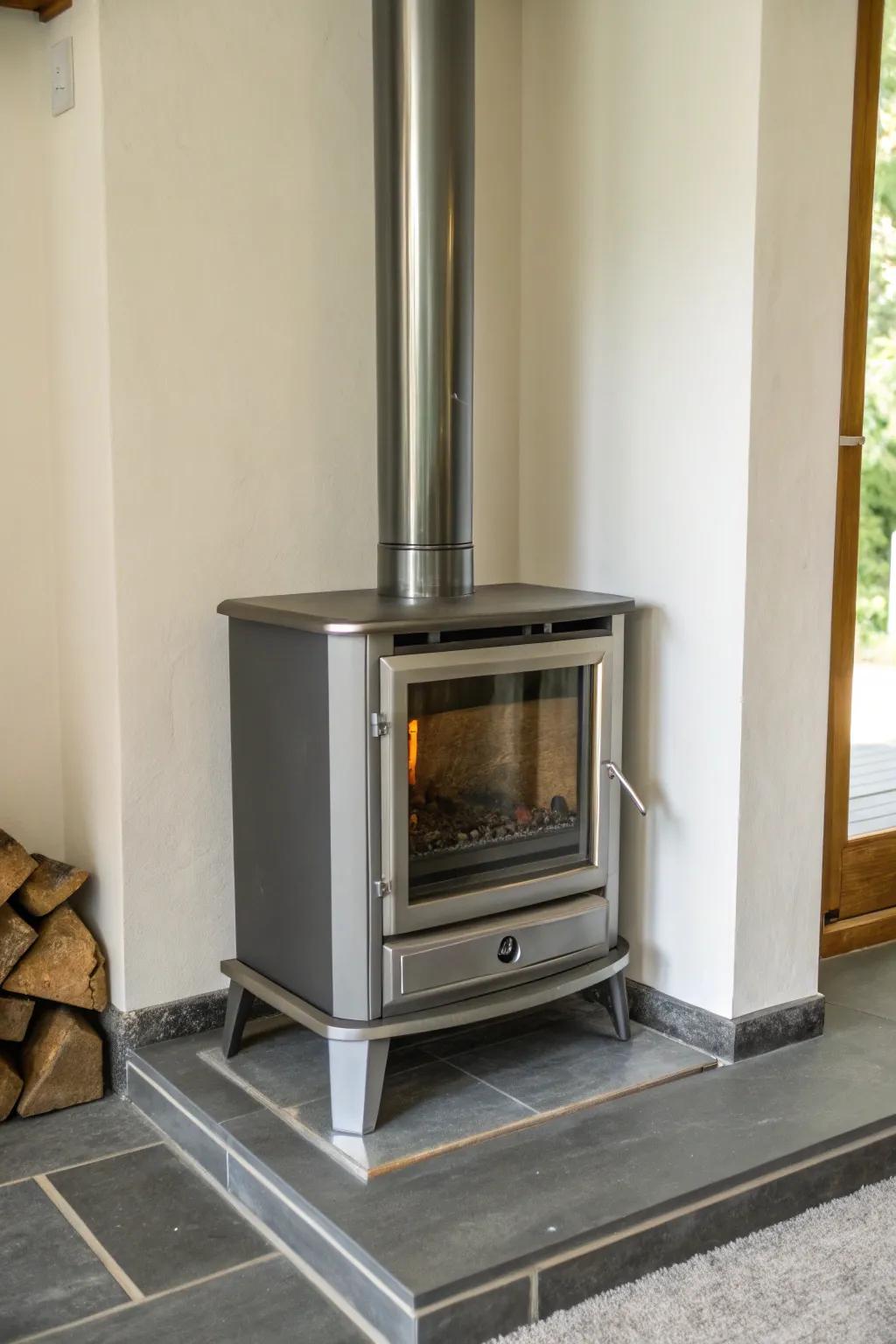 A sleek metal surround makes a modern statement with this wood stove.