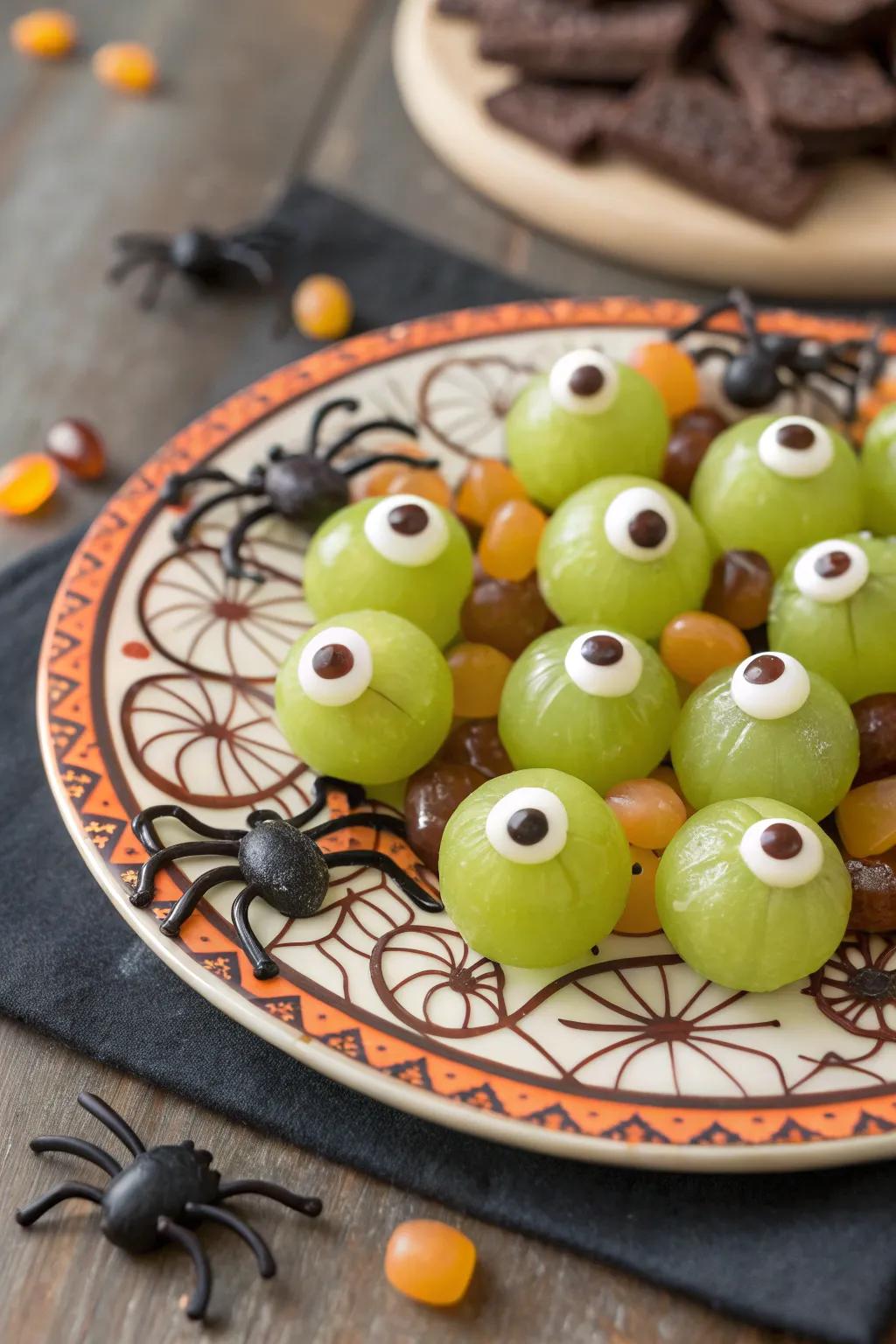 Eyeball grapes turning a simple snack into a Halloween spectacle.