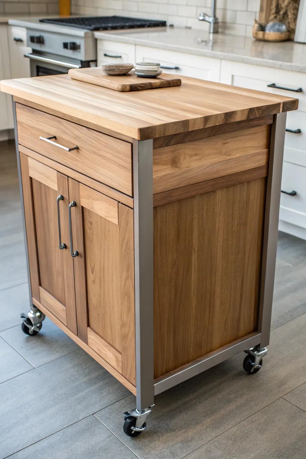 A mobile square island on wheels for flexible kitchen layout.