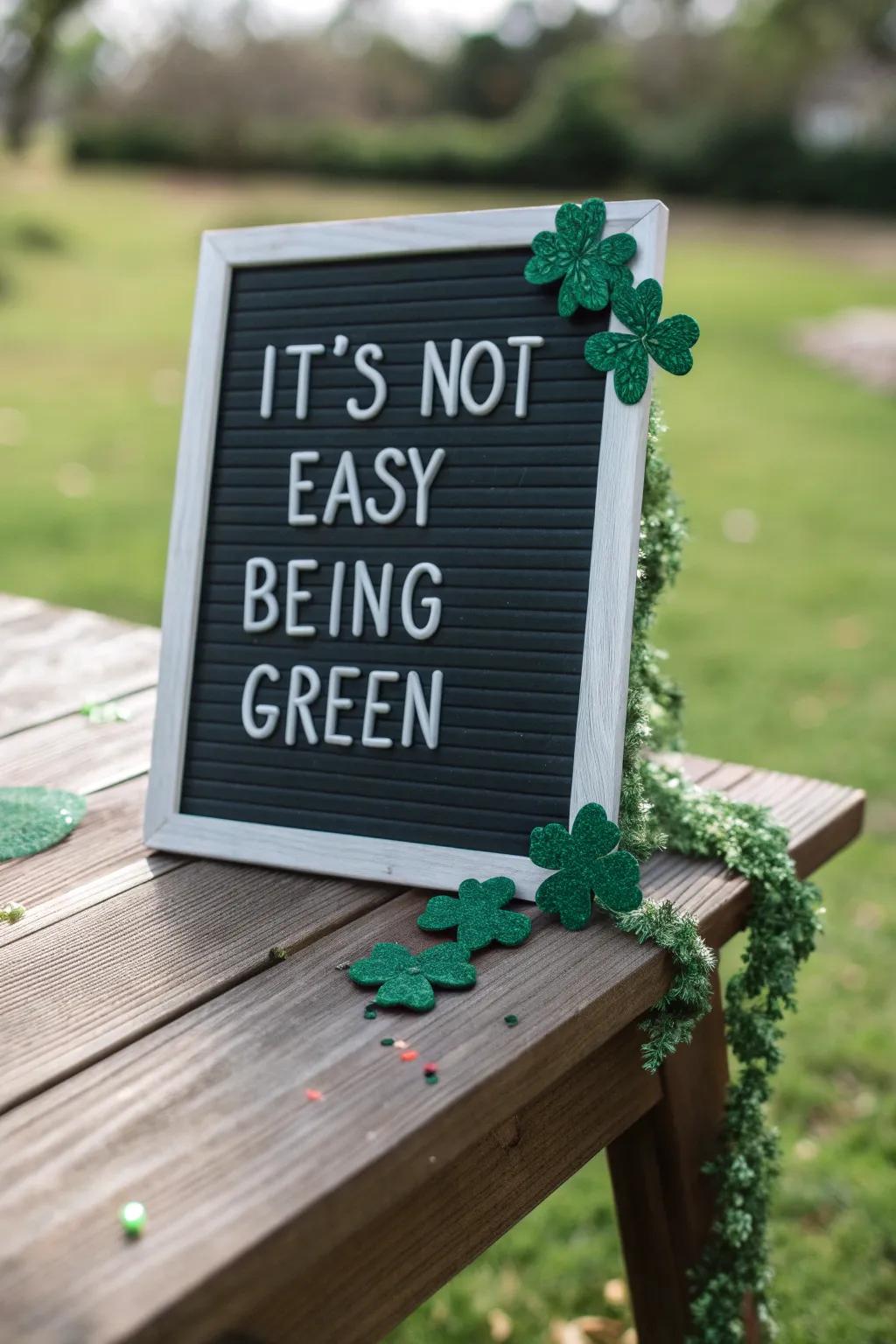 A humorous and eco-conscious letter board for St. Patrick's Day.