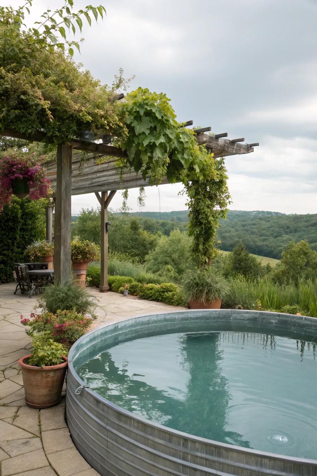 A pergola with hanging plants creates a serene relaxation nook.