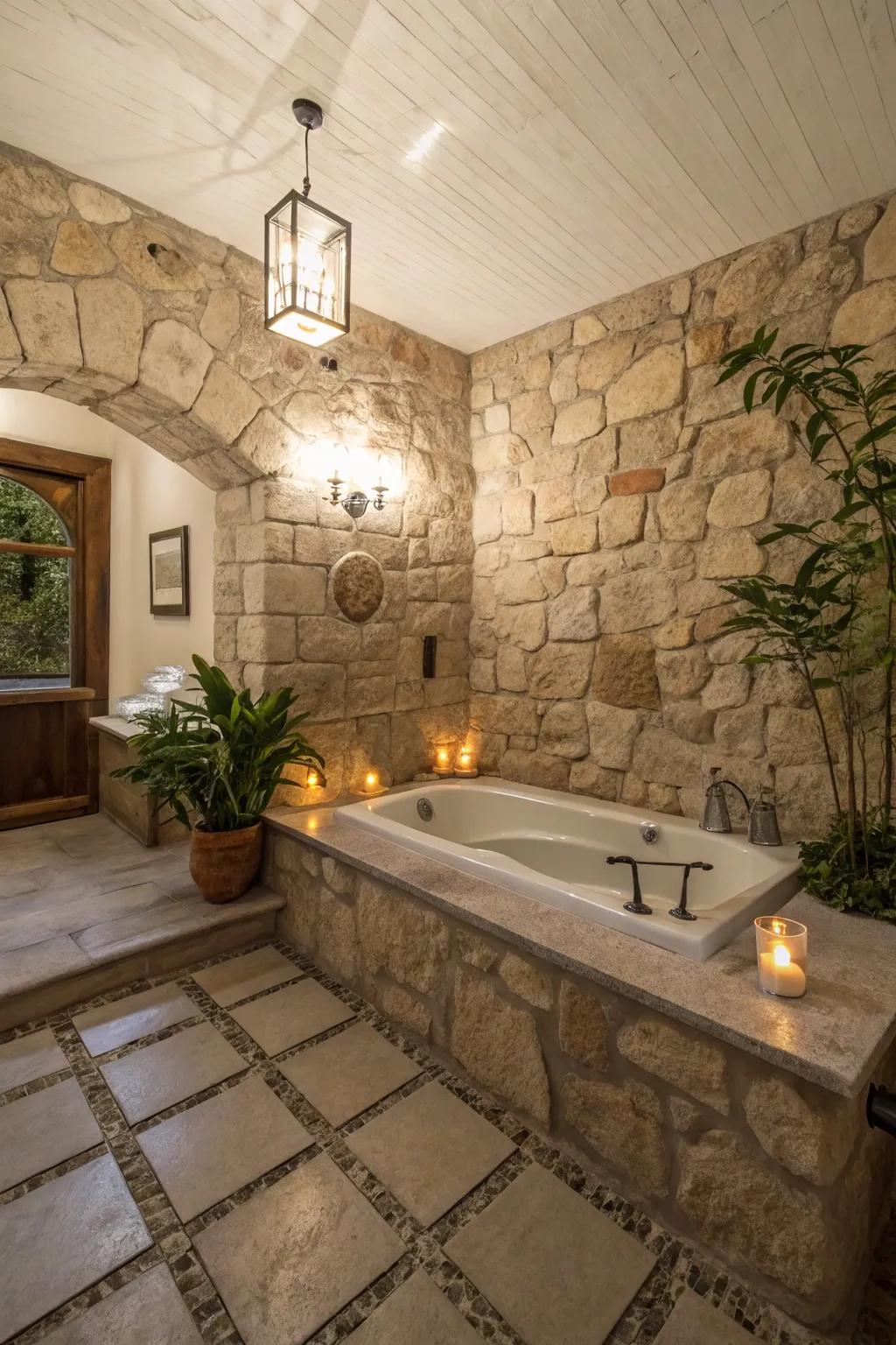 A spa-like stone bathroom designed to offer serenity and relaxation.