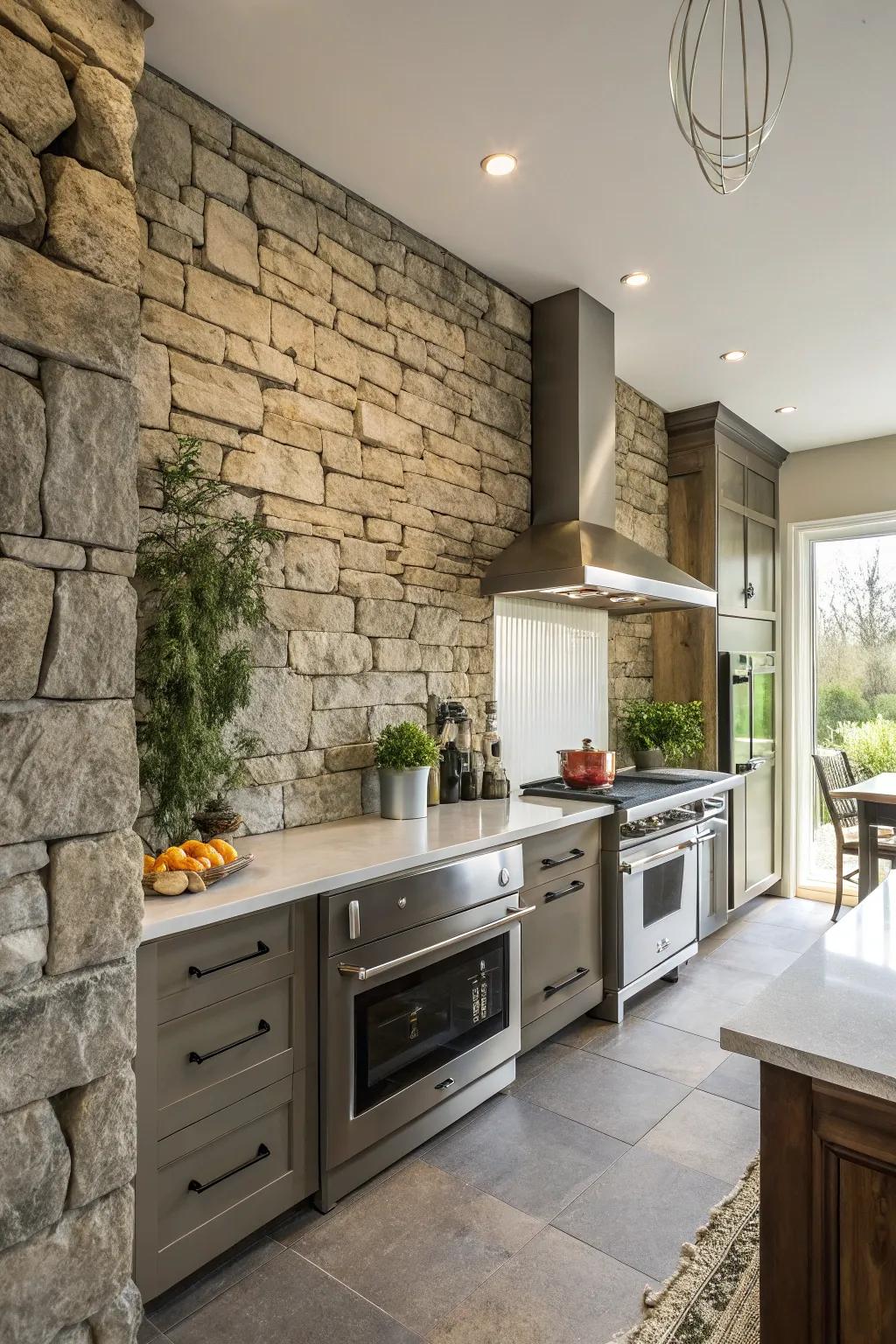 A rustic yet modern stone accent wall in the kitchen.