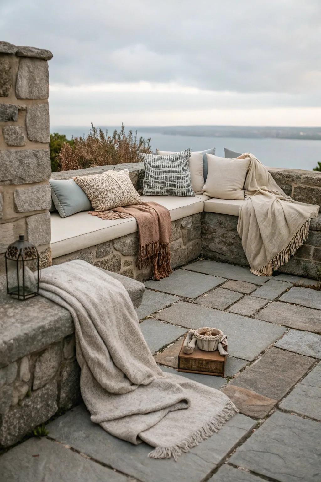 A cozy nook on a stone patio ideal for relaxation.