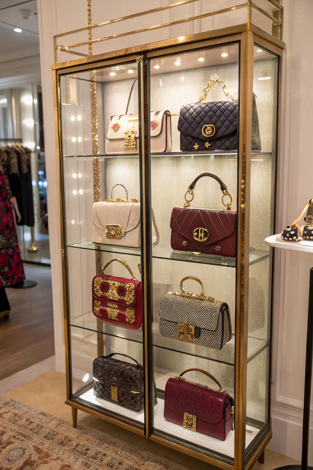 Glass-front cabinet showcasing a collection of purses.