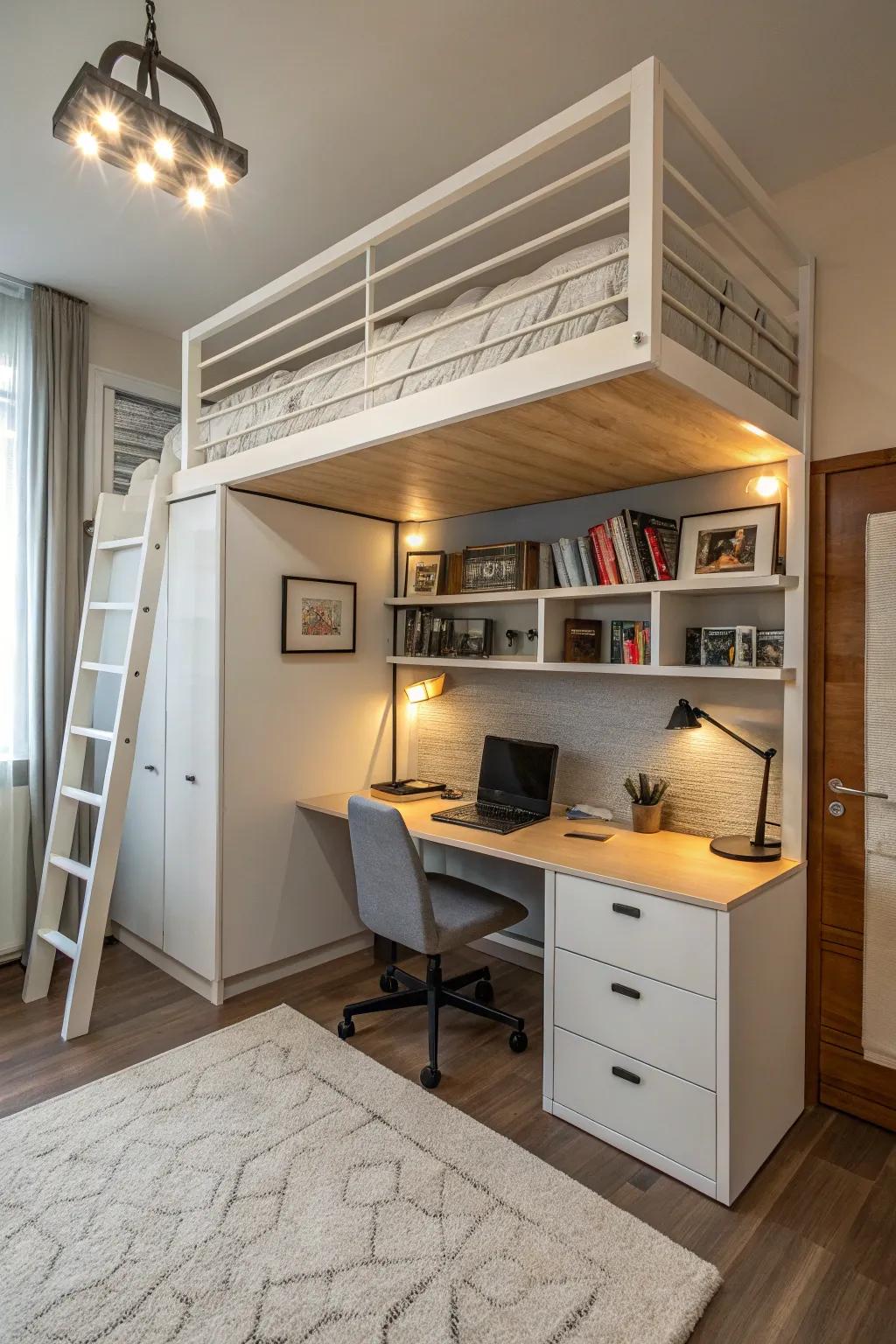 Loft beds create separate living and sleeping areas.