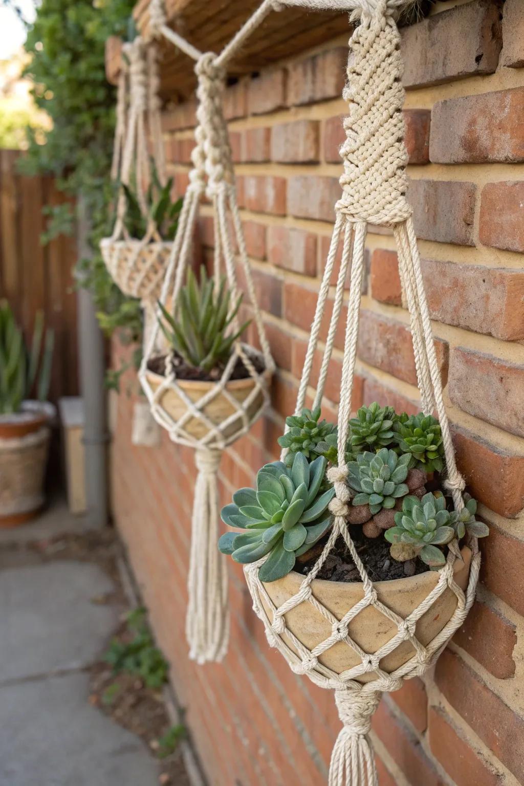 Macramé hanging planters add a boho-chic vibe to succulent displays.