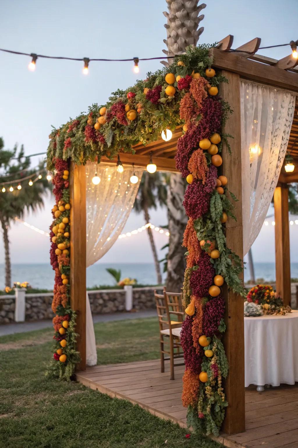 A naturally decorated sukkah with aromatic dried fruit garlands.