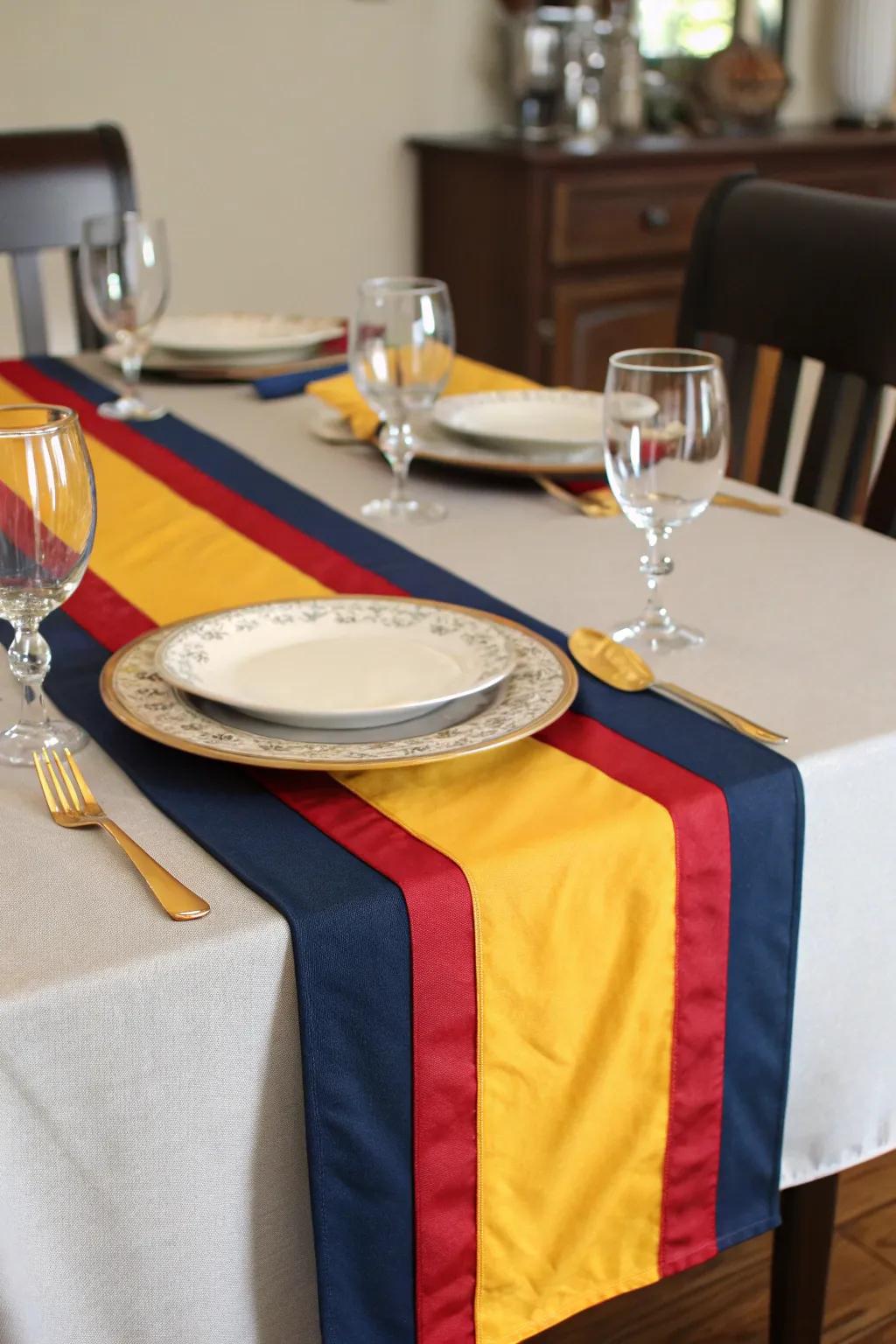 A DIY table runner in school colors elegantly ties the theme together.