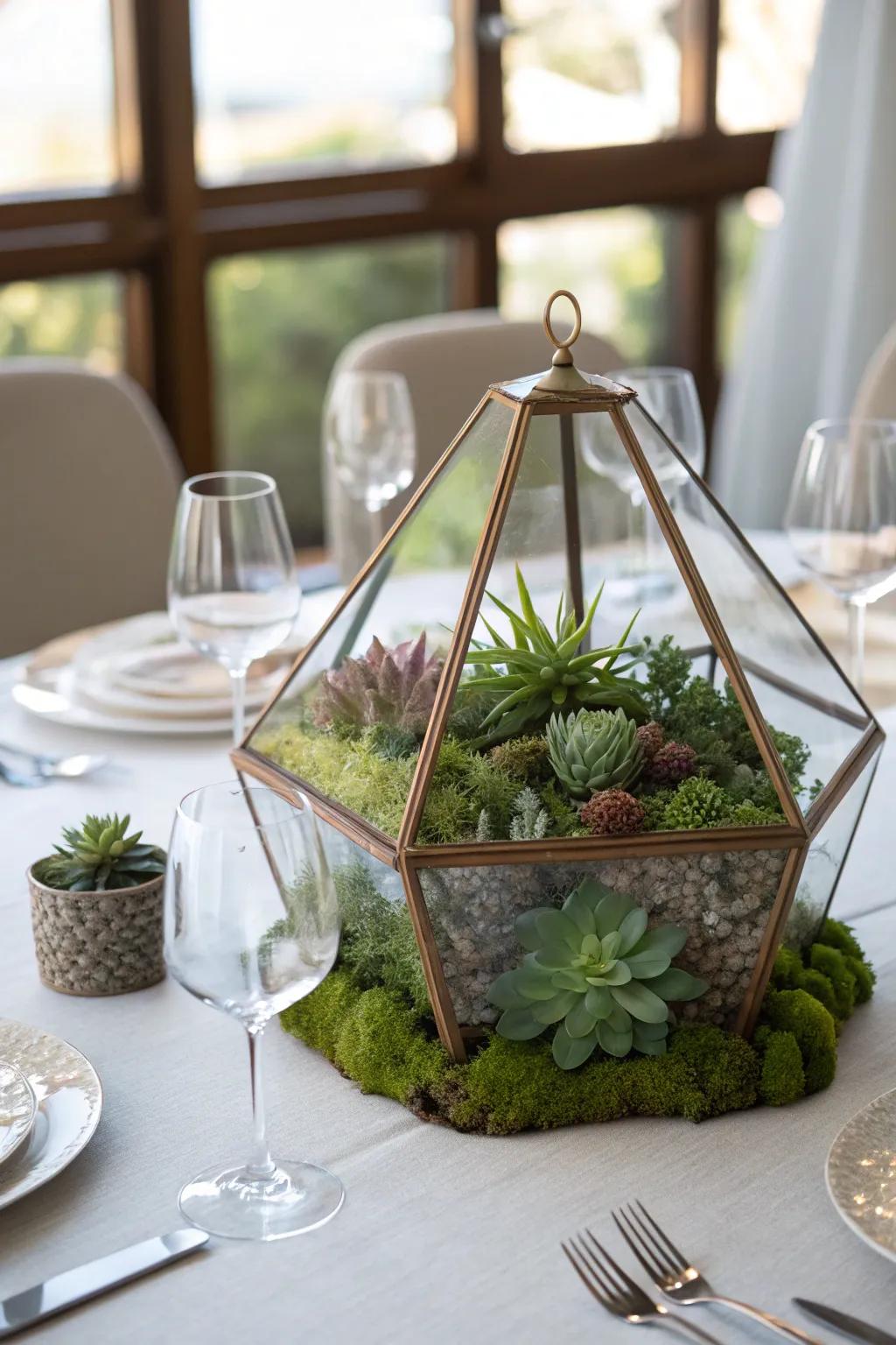 Unexpected centerpieces like terrariums add intrigue to the table.