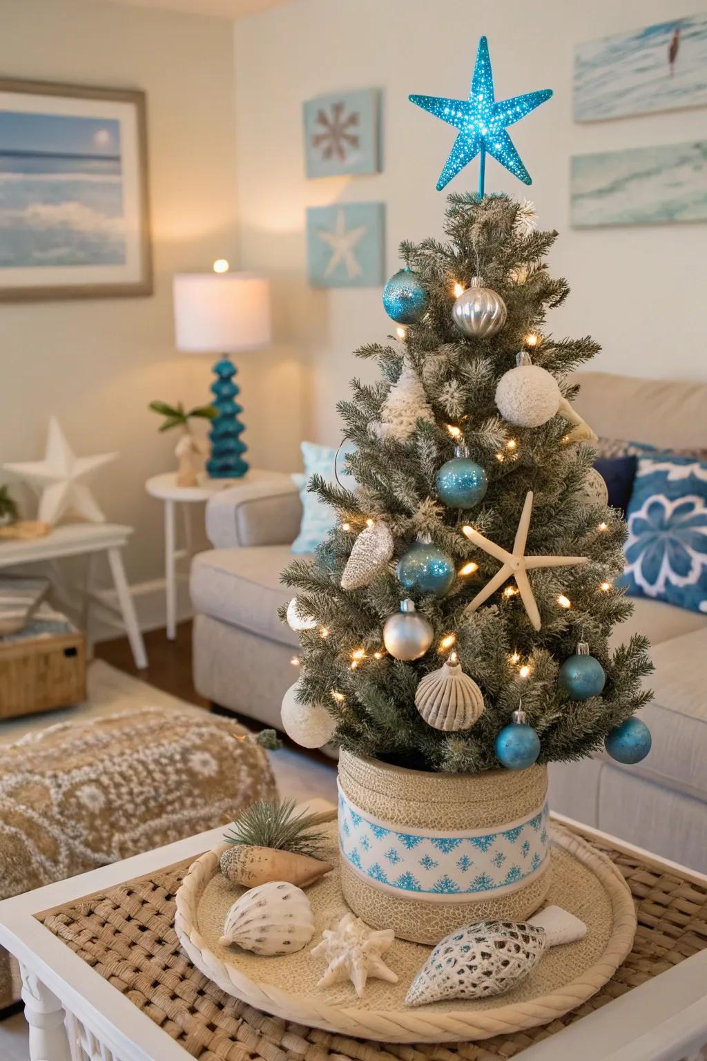 A refreshing coastal-themed tabletop Christmas tree.