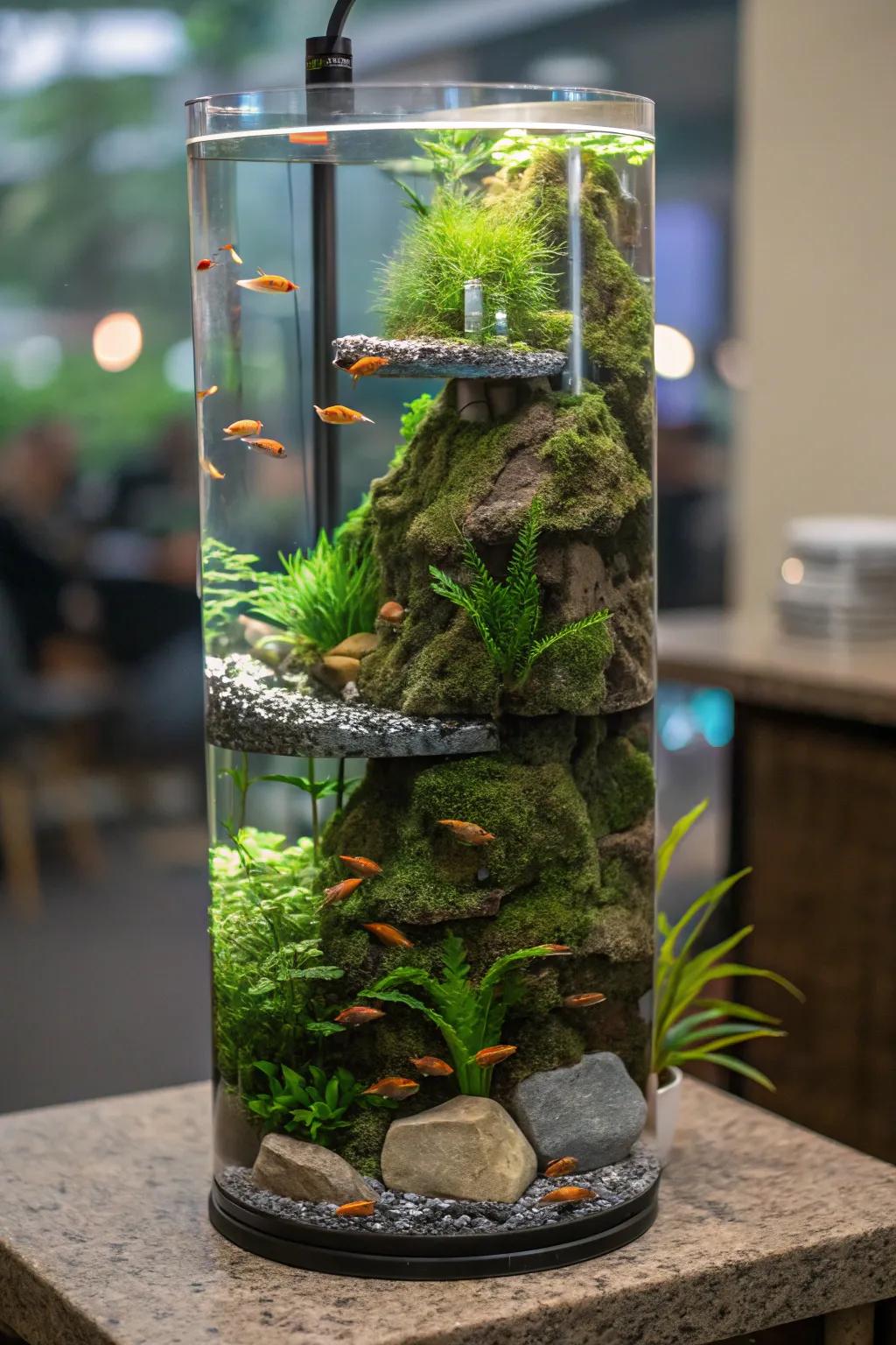 A multi-level wonder inside a tall aquarium.