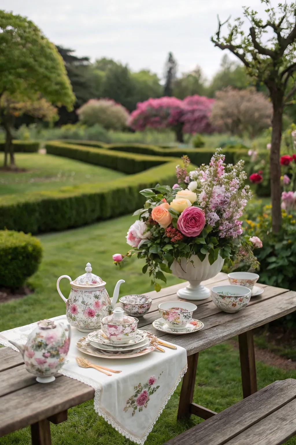 A floral tea set perfectly suited for a garden party.