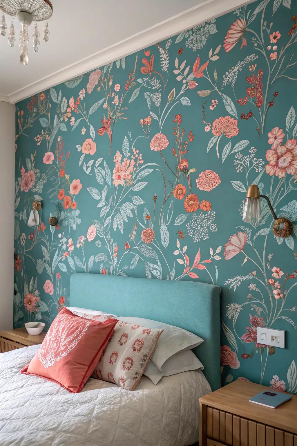 Teal and coral floral wallpaper enriching the space.