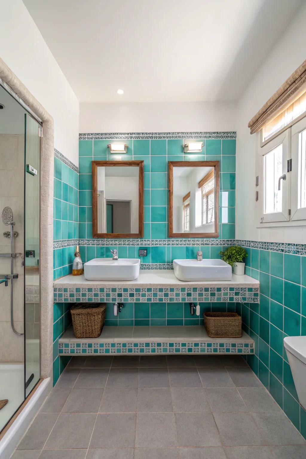 Teal tile borders offer an understated yet elegant touch.